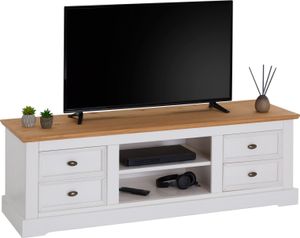 Lowboard KENT für 65" TV in weiß / Eiche farben aus Massivholz, schöner Fernsehschrank, praktisches Hifi-Möbel mit 4 Schubladen, attraktives TV Sideboard mit zwei Nischen
