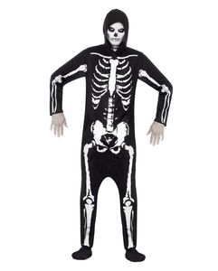 Schwarzes Skelett Kostüm mit weißem Druck, Männer, Größe: M