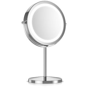 Navaris Kosmetikspiegel mit LED Beleuchtung - Spiegel mit 5fach Vergrößerung Make Up Standspiegel - Schminkspiegel beleuchtet 360° drehbar in Silber