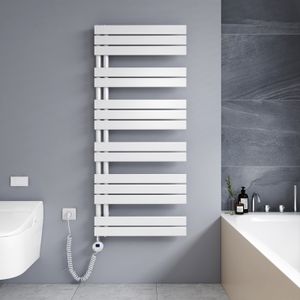 Meykoers Handtuchtrockner Elektrisch Weiß Badheizkörper mit 800W Thermostat 1385 x 600mm Heizkörper Asymmetrie Design Handtuchwärmer - Montage links