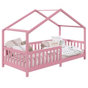Hausbett LISAN aus massiver Kiefer in rosa, schönes Montessori Bett in 90 x 200 cm, stabiles Indianerbett mit Rausfallschutz und Dach