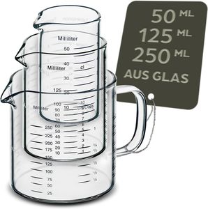 Glas Messbecher mit Ausguss - 50ml, 125ml, 250ml - Präzise Skala - Stapelbar - Hitzebeständig & Mikrowellengeeignet