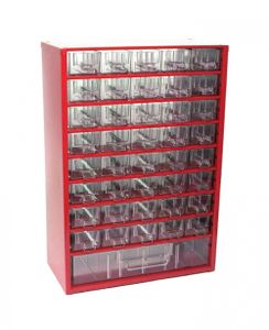Cosima Kleinteilemagazin mit 41 Schubfächer Metallgehäuse rot | HxTxB: 44,2x15,5x30,6cm | Kleinteileregal, Sortimentsboxen, Sortimentskastenregal, Regalsystem