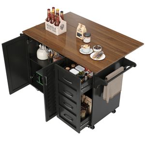 Kücheninsel mit klappbarer Arbeitsplatte, Buffet-Schrank mit verstellbare Regale, 4 Schubladen, großes Staufach, drehbare feststellbare Rollen,Schwarz