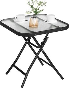 EUGAD Klapptisch, Beistelltisch klappbar, Campingtisch Gartentisch Bistrotisch, mit Metallrahmen, rechteckige Tischplatte aus gehärtetem Glas, Transparent, 46x46x48 cm