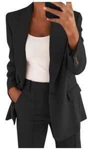 ASKSA Damen Hosenanzug Zweiteiler Slim Fit Blazer Hose Outfit Einfarbig Revers Casual Freizeitanzug, Schwarz, Groesse: S