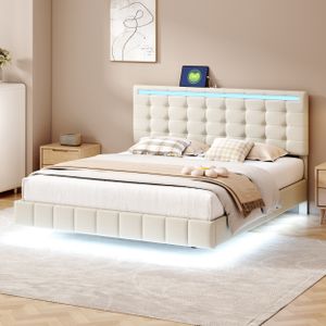 Flieks Čalouněná postel 160x200 cm s 2 USB, manželská postel s lamelovým roštem, postel pro mládež s LED diodami, dřevěná postel s plovoucím rámem, povlečení, béžová barva