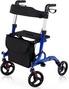 Rollator skladací ľahký, do 150 kg, pomôcka na chôdzu s nastaviteľnou výškou do 6 polôh, invalidný vozík s držiakom palice a taškou, hliník (modrý)