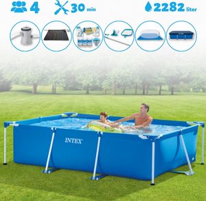 Intex-Schwimmbecken mit rechteckigem Rahmen – 260 x 160 x 65 cm – Blau – im Lieferumfang enthalten Abdeckung - Bodenplane - Filterpumpe für Schwimmbad - Solarmatte - Wartungspaket - Reinigungskit