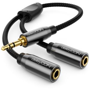 deleyCON 0,20m Audio Klinken Y Splitter Kabel - AUX - hochwertiger Nylon Mantel - 3,5mm Klinken Stecker auf 2X 3,5mm Klinken Buchse - 3,5mm Stereo Klinke Y-Adapter Kabel