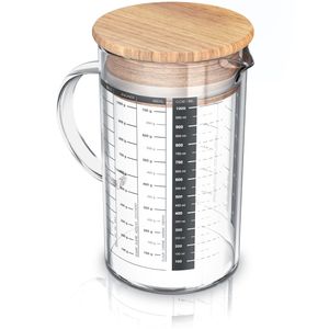 Arendo - 1l Messbecher aus Glas - 1 Liter Messkrug Glas Krug – Borosilikatglas – präzise Skala – hitzebeständig – Mikrowellen geeignet – Glasbehälter mit Bambusdeckel - Silikondichtung