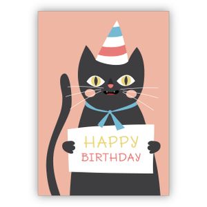 Komische Geburtstagskarte mit frecher schwarzer Katze im Partyhut: Happy Birthday