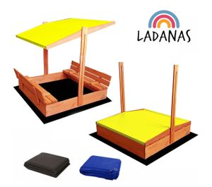 Ladanas® Sandkasten Holz- IMPRÄGNIERT -120 x 120 cm -Sandkiste Kinder incl. VLIES und ABDECKPLANE - faltbaren Bänken & verstellbarem Dach (gelb)- UV50- & Sonnendach