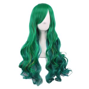 Natürliches Haarteil Frauen Gradient Green lange lockige Perücke flauschig für Cosplay Party