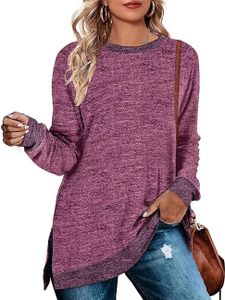 ASKSA Damen Langarmshirt Rundhals Einfarbiges Blusen Freizeit Langarm Lose Tunika Pullover, Violett Rot, S