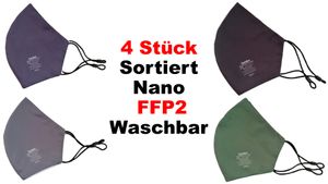 ANG Nano FFP2 R Maske 4 Stück bunt sortiert - Hergestellt in Europa - 20 mal Waschbar – Wiederverwendbar Verstellbare – Ohrenschlaufen und Nasenbügel -  ( schwarz, grau, navy blau, grün)