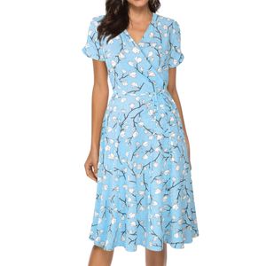 Sommerkleid Damen Boho Kleid Chiffon Kleider V-Ausschnitt Blumenkleid Rüschen Midikleid Himmelblau,Größe:L