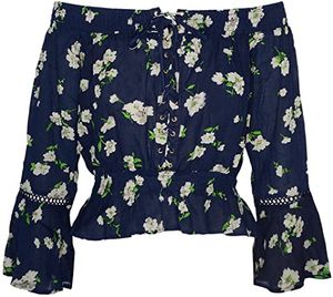 Brave Soul Damen-Oberteil Bardot-Top Blumen-Aufdruck Bluse Langarm SALE(M, Blau)