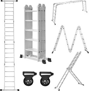 ACXIN Aluminum Mehrzweckleitern, 4x5 Stufen Gerüst Leiter, Ausziehbar Treppenleiter mit 2 Arbeitsplattform, Klappbare Stehleiter (5,8m)
