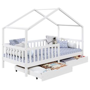 Hausbett ELEA aus massiver Kiefer, Kinderbett mit Rausfallschutz 90x200cm, Spielbett mit Dach in weiß