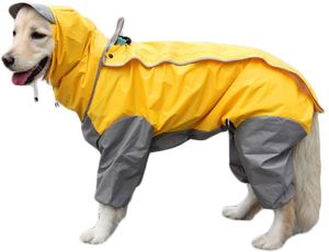 Hunde Regenmantel mit abnehmbarem Hoodie, Verstellbarer Outdoor-Tunnelzug Hundemantel, wasserdichte Hundejacke Regenjacke mit Kapuze und Kragenloch, Gelb, 28