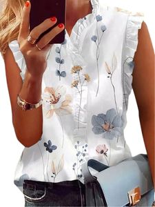 Damen Rüschen Tunika Blusentops Hawaii Strandblumenhemd Sommer Loses Ärmellos Shirt Weiss,Größe XL