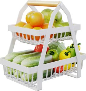 Heikoeco® obstkorb, obst aufbewahrung, fruit basket, 2-Stöckiger Obstkorb aus Metall für Küche, Wohnzimmer, Büro, weiß21x33x30 cm