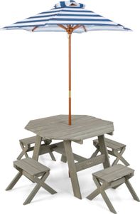 DREAMADE Kinder Picknicktisch, Kinder-Tisch & Stuhl-Set aus Holz mit höhenverstellbarem Schirm für 4 Kinder, Kinder-Gartenmöbel, Geschenk für Kinder