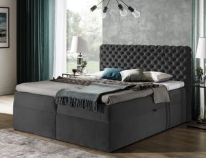 GRAINGOLD Postel Chesterfield Boxspring 180x200 Cleo - kontinentální postel se dvěma zásuvkami a topperem - elegantní manželská postel - tmavě šedá (Riviera 97)