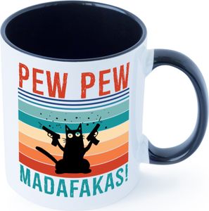 Pew Pew Madafakas | verrückte Katze mit Pistolen | Meme Tasse Weiß Schwarz