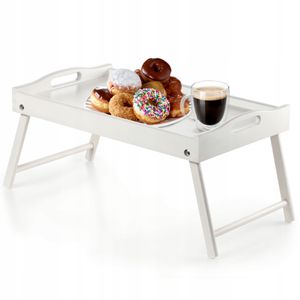 Postelový stolek KADAX "Solia", z borovicového dřeva, servírovací podnos, podnos na potraviny, stolek na notebook, bílý