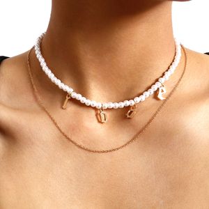Damen 2-lagige Kunstperlen-Perlen-Love-Choker-Schlüsselbein-Kette-Halskette-Schmuck