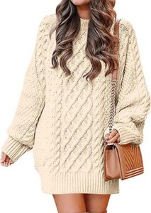 ASKSA Damen Pulloverkleid Rundhalsausschnitt Langarm Zopfmuster Rollkragen Chunky Pullover Kurze Pulloverkleider, Aprikose, L