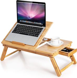 COSTWAY Bambusový skládací stolek na notebook, výškově nastavitelný a naklápěcí a větraný stolek na notebook, skládací stolek do postele na čtení snídaně, příroda, 53 x 33 x 20-26,5 cm