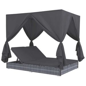Möbel Outdoor-Lounge-Bett mit Vorhängen Poly Rattan Grau - Gartenliegen 45647