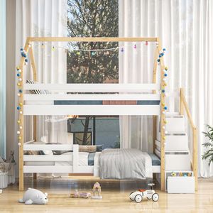 Flieks Dětská patrová postel 90x200 cm s ochranou proti vypadnutí a schody, podkrovní postel s lamelovým rámem a zásuvkami pro 2 děti, dvoulůžková dřevěná postel