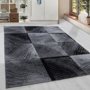 Kurzflor Teppich Karo Kachel Muster Wohnzimmerteppich Grau Schwarz Meliert, Grösse:160x230 cm
