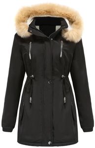 ASKSA Damen Winterjacke Wintermantel Baumwolljacke Warm Dickere Reißverschluss Tasche Mantel, A-Schwarz, XL