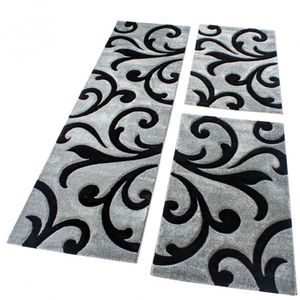 Bettumrandung Läufer Teppich Modern Ranken Muster Grau Schwarz Läuferset 3 Tlg. Grösse 2mal 80x150 1mal  80x300