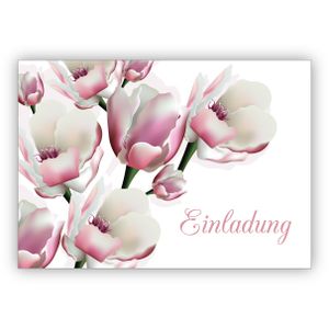 4x Zauberhafte elegante Einladungskarte mit leichten Blüten zur Hochzeit, Taufe, Diner etc: Einladung
