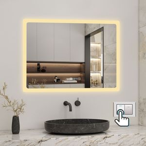 LED Spiegel mit Uhr 70×50cm 3 Lichfarbe dimmbar Memory Touch/Wandschalter Beschlagfrei Spiegel