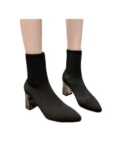 Damen Stiefel Pumps Spitze Toe Sockenstiefel Anti Slip Mittlere Kalb Elastischer Schuhe Schwarze Ferse,Größe:EU 37