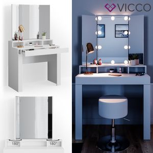 Toaletný stolík Vicco Nora biely s osvetlením LED zrkadlová stolička toaletný stolík