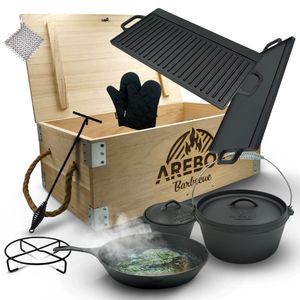 AREBOS Dutch Over pot sets BBQ set z litiny s dřevěnou krabicí včetně ochranných rukavic