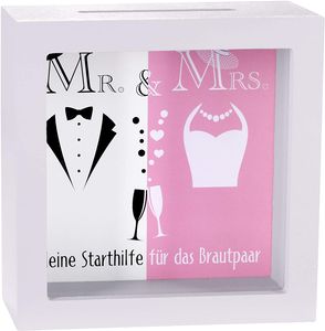 BRUBAKER Bilderrahmen Spardose Mr & Mrs - Kleine Starthilfe für das Brautpaar - Kreatives Geldgeschenk zur Hochzeit aus Holz zum Befüllen - 3D Bilderrahmen Grau