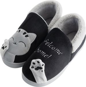ASKSA Damen Herren Pluesch Baumwolle Hausschuhe Damen Herren Winter Warme Gefuettert weiche Pantoffeln mit Cartoon Katze rutschfeste Slippers Hause Indoor, Schwarz, Groesse: 36-37