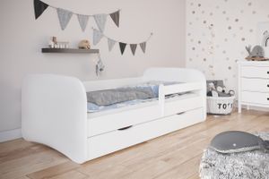 Kinderbett 180x80 mit Rausfallschutz, Lattenrost & Schublade in weiß 80 x 180 Mädchen Jungen Bett Skandi
