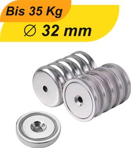 4 Stück Neodym Topfmagnet mit Senkbohrung Ø 32 mm – Haltekraft ca. 35 kg – Gewinde M5 – Beschichtung: NiCuNi