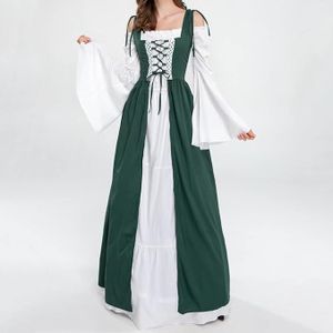 Damen Mittelalterliche Kleid mit Trompetenärmel Mittelalter Party Kostüm Maxikleid, Grün, 5XL