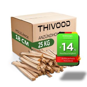 THIVOOD Anzündholz 18 cm - 25 KG Anfeuerholz für zu Hause - trockener Kaminanzünder - ofenfertiges Brennholz aus Kastanie und Zedernholz